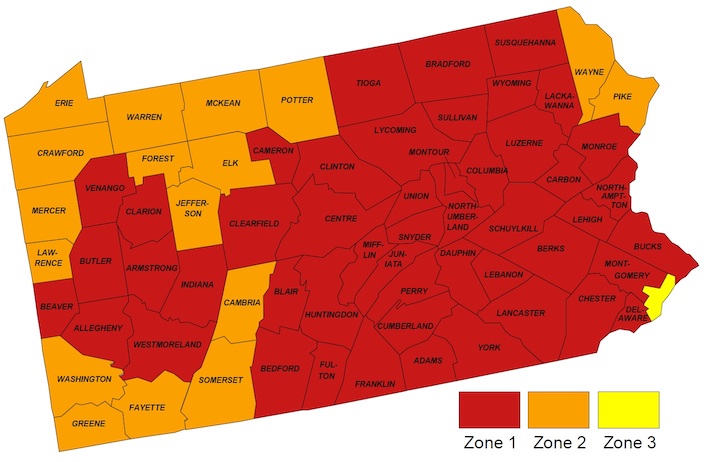 County map of Pennsylvania divided into EPA Radon zones